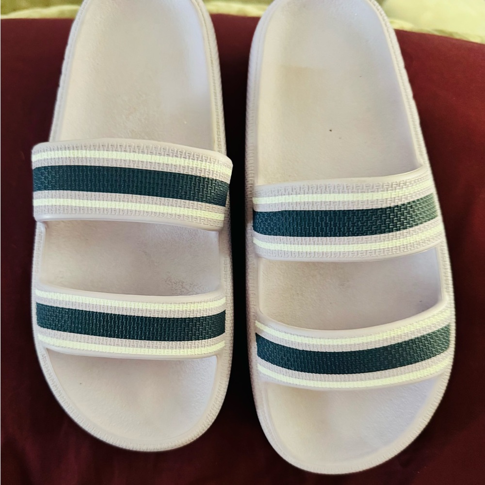 PINK Victoria's Secret White and Green Slide Sandals